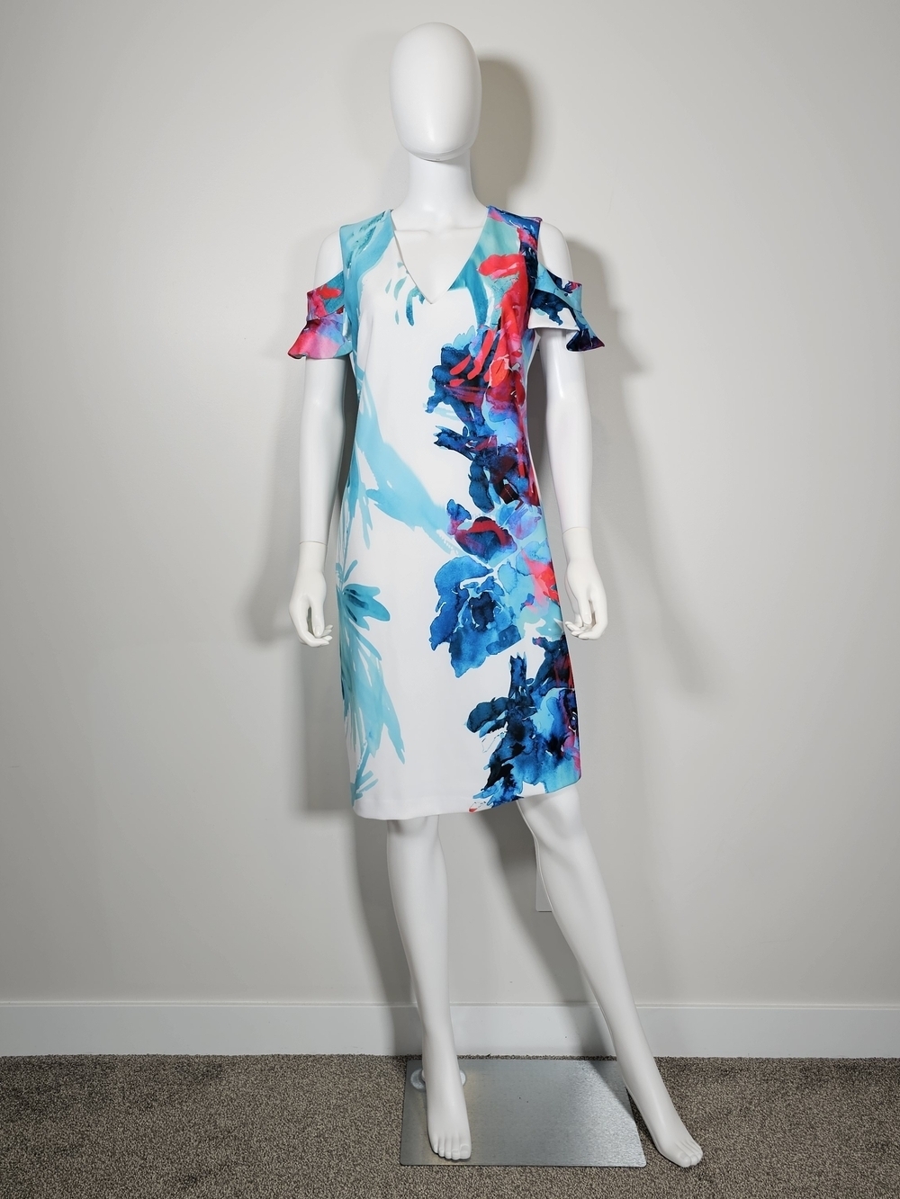 Joseph Ribkoff White Midi Dress with Blue and Pink Floral Print Sz 8